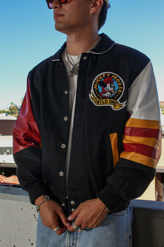 90’s Jeff Hamilton Mickey Mouse Wild One Jacket with Black, Red and yellow colors