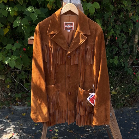 Brown leather and suede vintage Pioneer Wear jacket made for women.

Original tags are shown